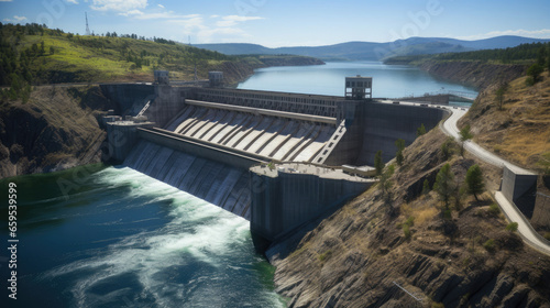 modern large hydroelectric power station on the river, bird's eye view from above, alternative renewable energy source, safe, electricity, eco-friendly, natural resource, water flow, stream, blue sky