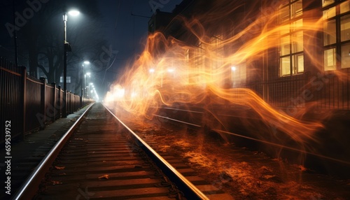 Photo of a train track illuminated by lights
