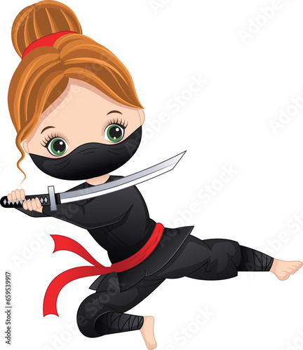 Vector Cartoon Little Girl Dressed as Ninja