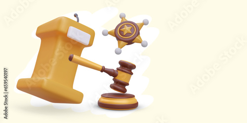 3D tribune with microphone, judges wooden gavel, metal star. Concept of speaking in court. Accusations and excuses. Speech of prosecutor, lawyer. Vector banner