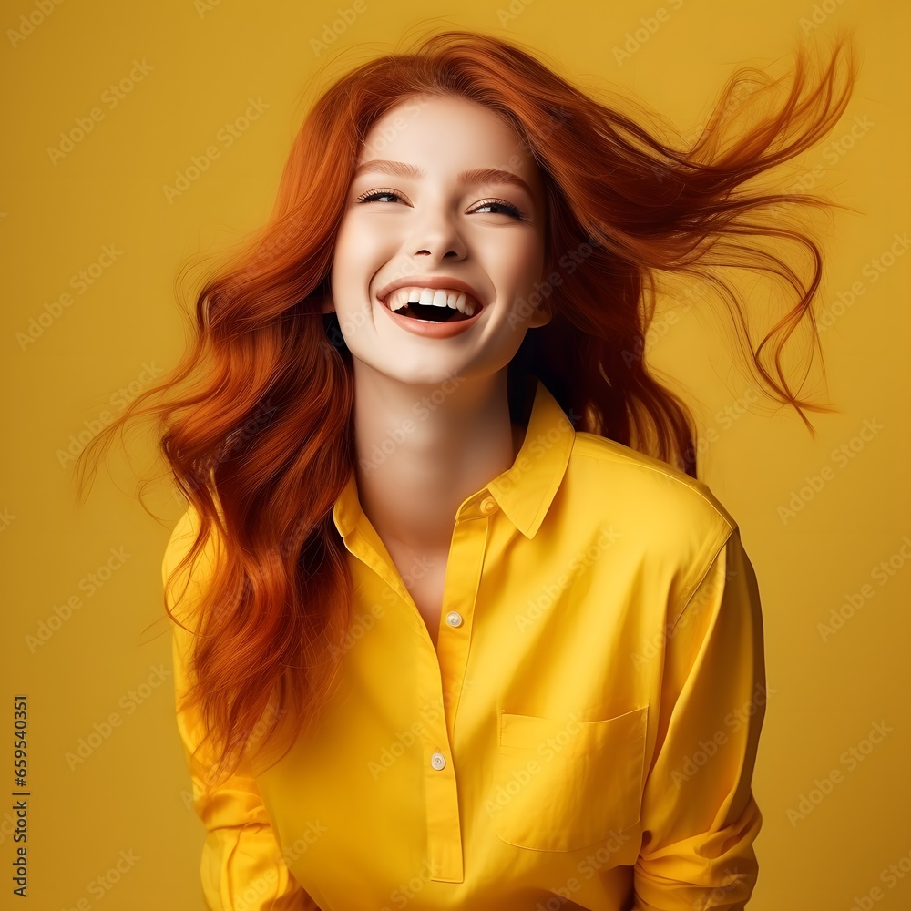 Red-head woman in yellow dress posing in studio. Summer mood. Red-head woman in yellow dress posing in studio. Summer mood.