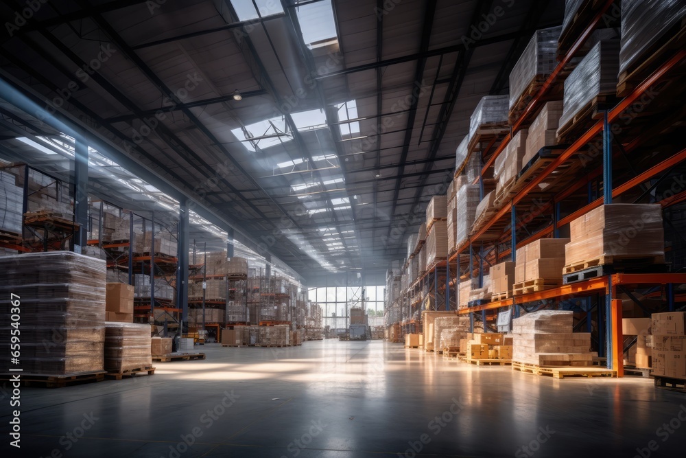 Interior of a modern warehouse storage of retail shop with pallet truck near shelves