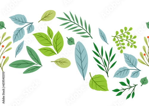 Seamless pattern of sprigs with green leaves. Decorative natural plants.