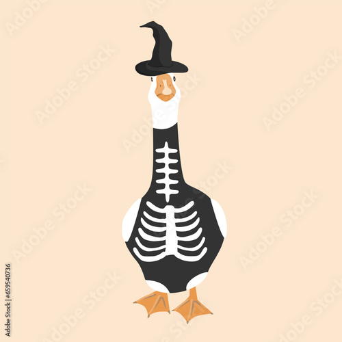 Hand draw goose in a witch hat and skeleton costume. Halloween design element, vector illustration.