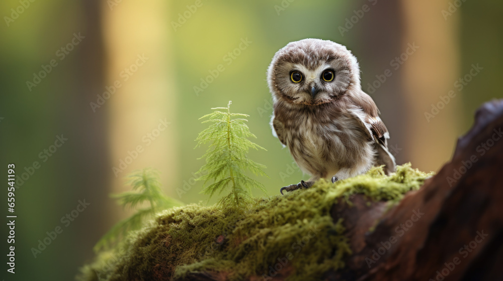 View of spotted owlet perched on a tree branch View of spotted owlet perched on a tree branch