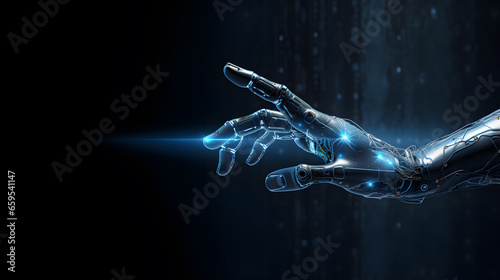 Cyborg hand on dark background touching screen with finger