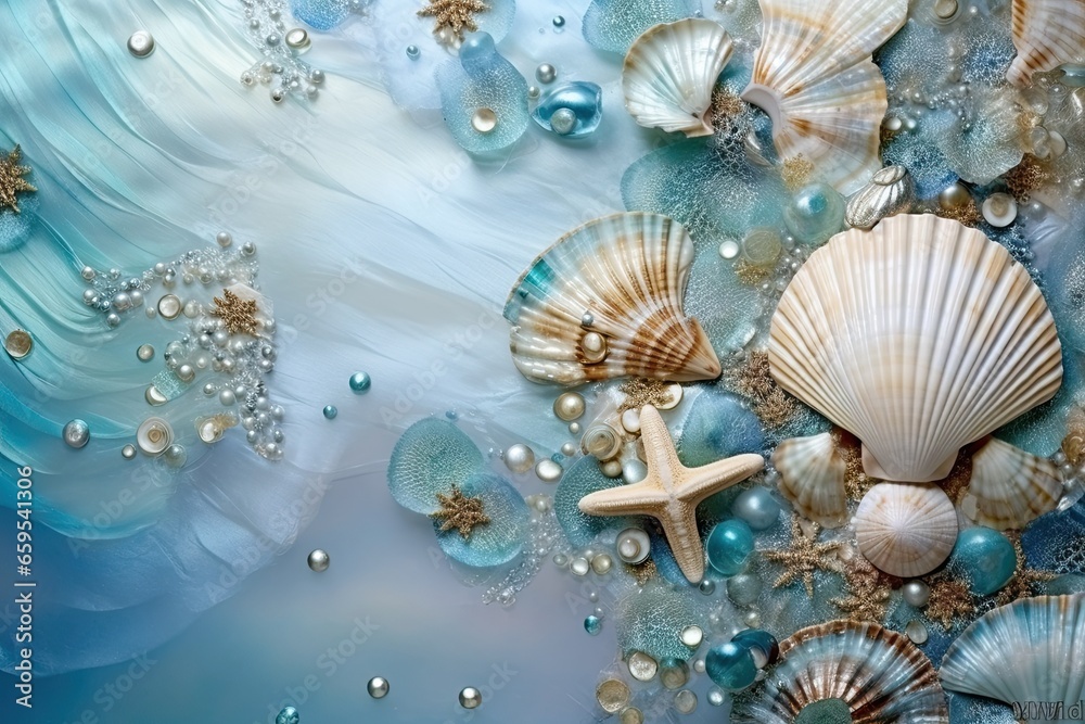 Background of seashells in a marine style, sea patterns and sea-colored corals. Background of seashells in a marine style, sea patterns and sea-colored corals.