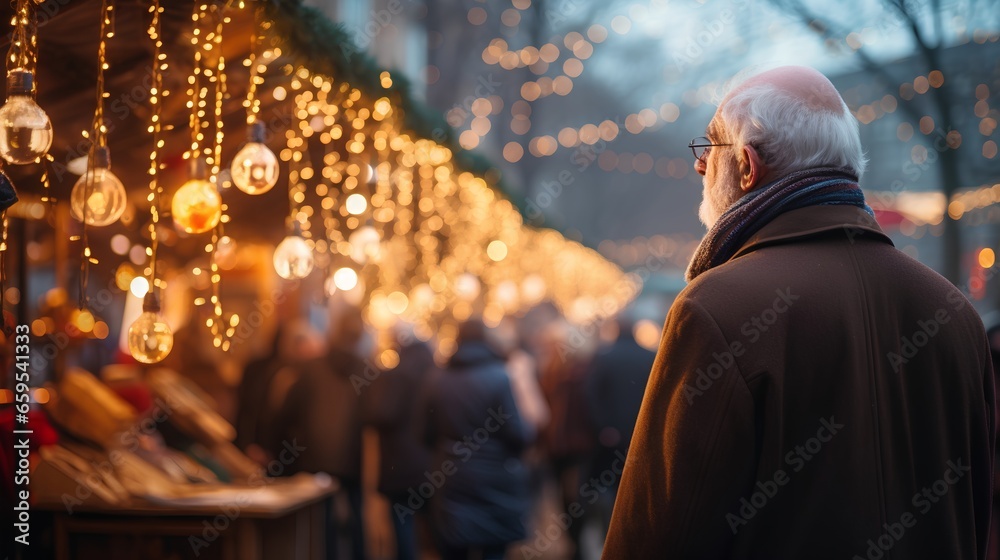 Elderly gentleman is standing in vibrant Christmas market. Old man looking to festive decorations, twinkling lights, and holiday ornaments that add a magical touch to the market. Winter season vibe. - obrazy, fototapety, plakaty 