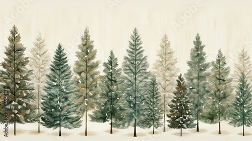  a painting of a row of trees in the snow with snow on the ground. generative ai