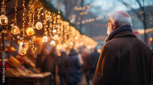 Elderly gentleman is standing in vibrant Christmas market. Old man looking to festive decorations, twinkling lights, and holiday ornaments that add a magical touch to the market. Winter season vibe.