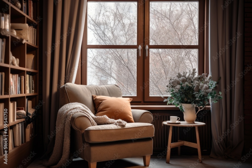 Fototapeta premium a tranquil home library with a comfortable armchair near a window