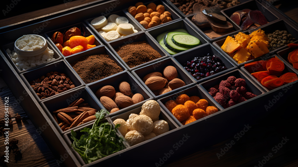 Healthy food selection in wooden box on dark background