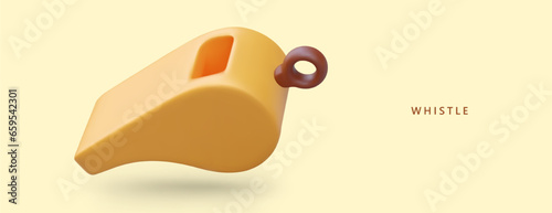 3d realistic whistle in yellow colors. Poster with sound element concept. 3d law whistle concept. Vector illustration with yellow background and place for text