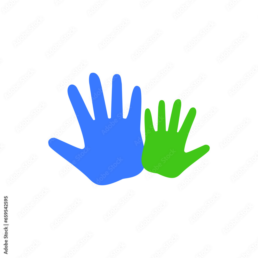 A big adult palm and a small child palm together. A big adult palm and a small child palm together.