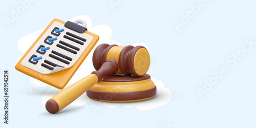 3D clipboard with attached list, judges gavel. List of evidence, documents, facts. Procedure implementation protocol. Paper with checkmark. Compliance with provisions of law. Color layout