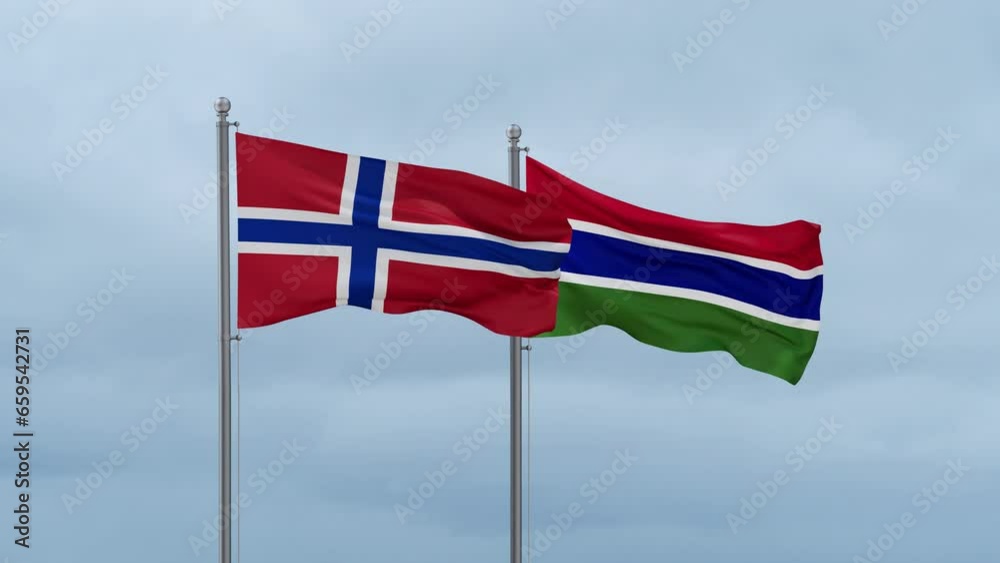 Gambia flag and Norway flag waving together on cloudy sky, endless seamless loop, two country relations concept Gambia flag and Norway flag waving together on cloudy sky, endless seamless loop, two country relations concept