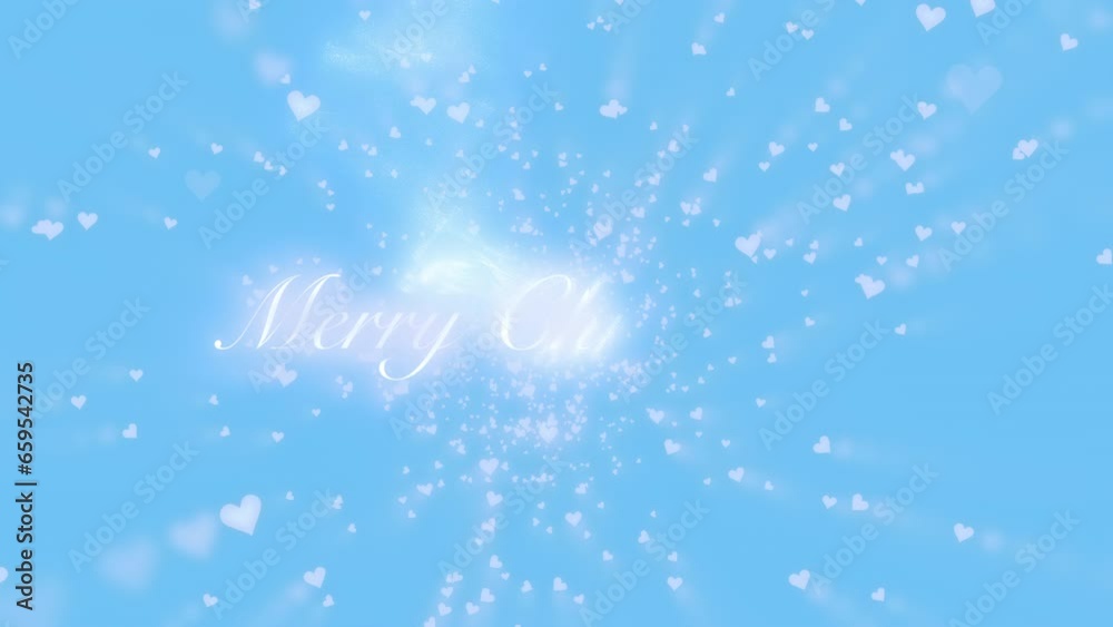 Merry Christmas greeting appearing while light blue heart particles flying away on blue background.
