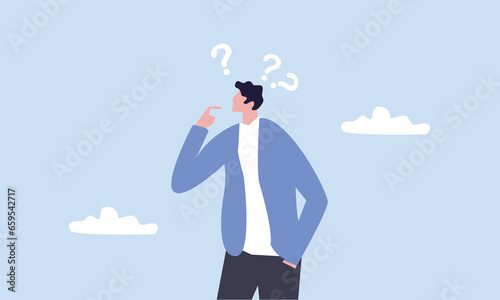 Skeptical, distrust or questioning about business deal, thinking to make decision, doubtful or confusion concept, businessman with suspicious gesture thinking about things with question mark signs. photo