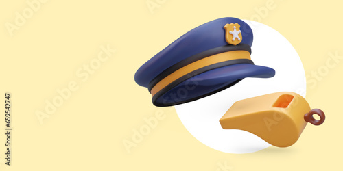 Uniform police cap, whistle. Recruitment announcement. Policeman accessories. Patrolling streets on foot. Color vector illustration for web design. Place for text