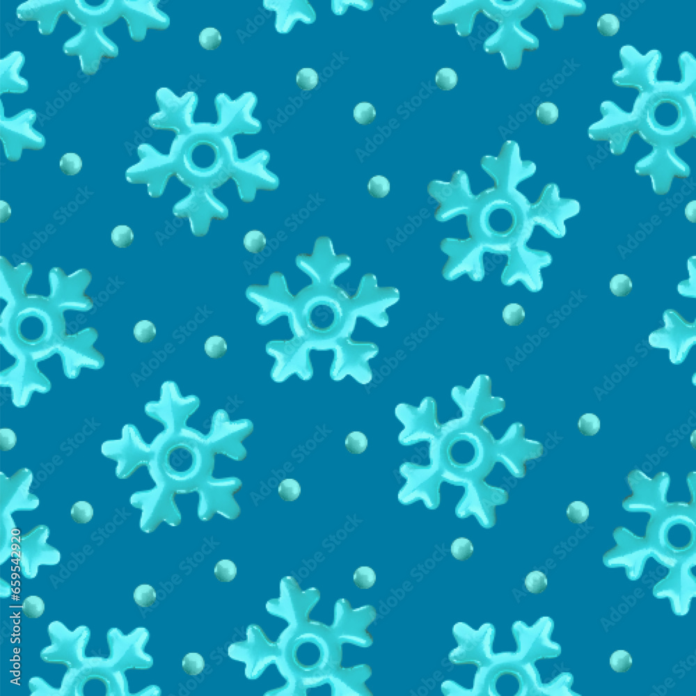 Vector 3d glossy blue snowflake seamless pattern on blue background. Cute Christmas, New year and winter shiny frozen snow background. 3d render snowflakes print for web, decoration, greeting card Vector 3d glossy blue snowflake seamless pattern on blue background. Cute Christmas, New year and winter shiny frozen snow background. 3d render snowflakes print for web, decoration, greeting card