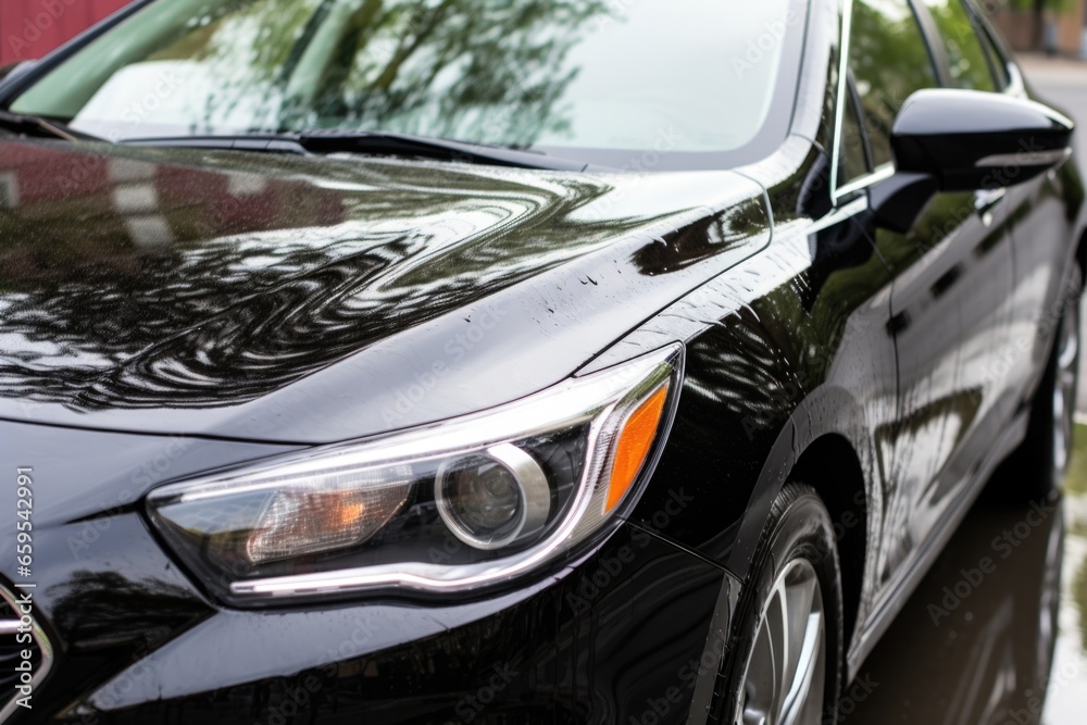 a shiny black car freshly washed, topped with soap suds