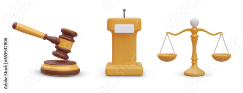 Set of wooden judges gavel, speaker lectern with microphone and golden scale. Legal law, equity and truth concept. Vector illustration with white background in yellow colors