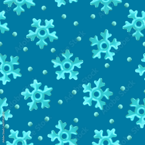 Vector 3d glossy blue snowflake seamless pattern on blue background. Cute Christmas, New year and winter shiny frozen snow background. 3d render snowflakes print for web, decoration, greeting card