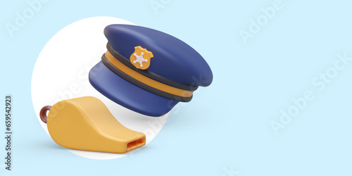 Round blue policeman cap, whistle. Yellow cockade with star. Patrol uniform. Advertising of website, application for citizen complaints. Notification of violation of public order