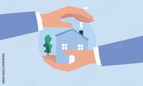 House insurance  real estate or property protection  home security concept  house in businessman palm with other hand cover to protect as insurance coverage.