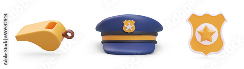 Set of policeman accessories. 3D whistle, uniform cap, policeman badge. Isolated images in blue and yellow colors. Cute equipment collection. Role play. Vector icons