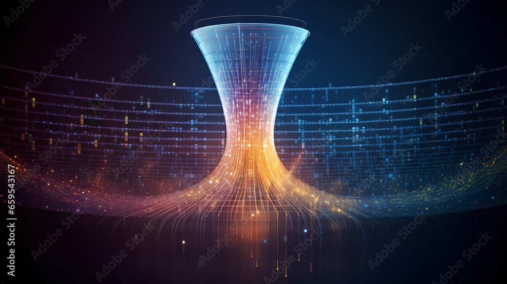 Big data technology and information funnel concept. Large digital funnel with online data as process of data collection, analysis, and transformation into useful information. Modern, digital style. - obrazy, fototapety, plakaty 