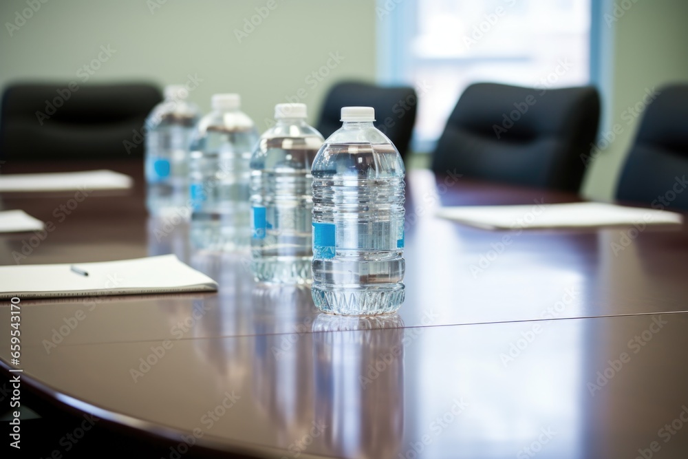 water bottles and glasses on a discussion table