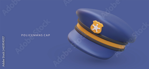 Element of policeman costume in form style. Poster with policeman hat in realistic style. Justice and law concept. Vector illustration in 3d style in blue colors