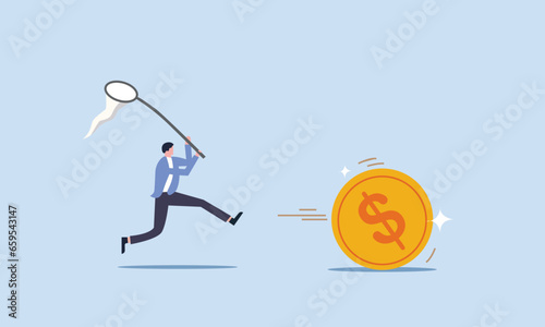 Chasing high performance active mutual fund, buying rising star stock or funds, catch or grab hot ETFs concept, businessman investor run chasing try to catch high performance attractive dollar coin. photo