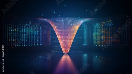 Big data technology and information funnel concept. Large digital funnel with online data as process of data collection, analysis, and transformation into useful information. Modern, digital style.