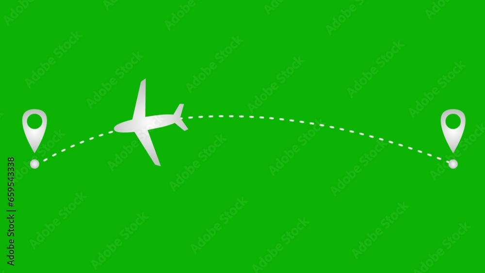 Animated silver the plane flies along a trajectory. Concept of airplane travel. Airplane flies from one place to another. Looped video. Vector illustration isolated on a green background. Animated silver the plane flies along a trajectory. Concept of airplane travel. Airplane flies from one place to another. Looped video. Vector illustration isolated on a green background.