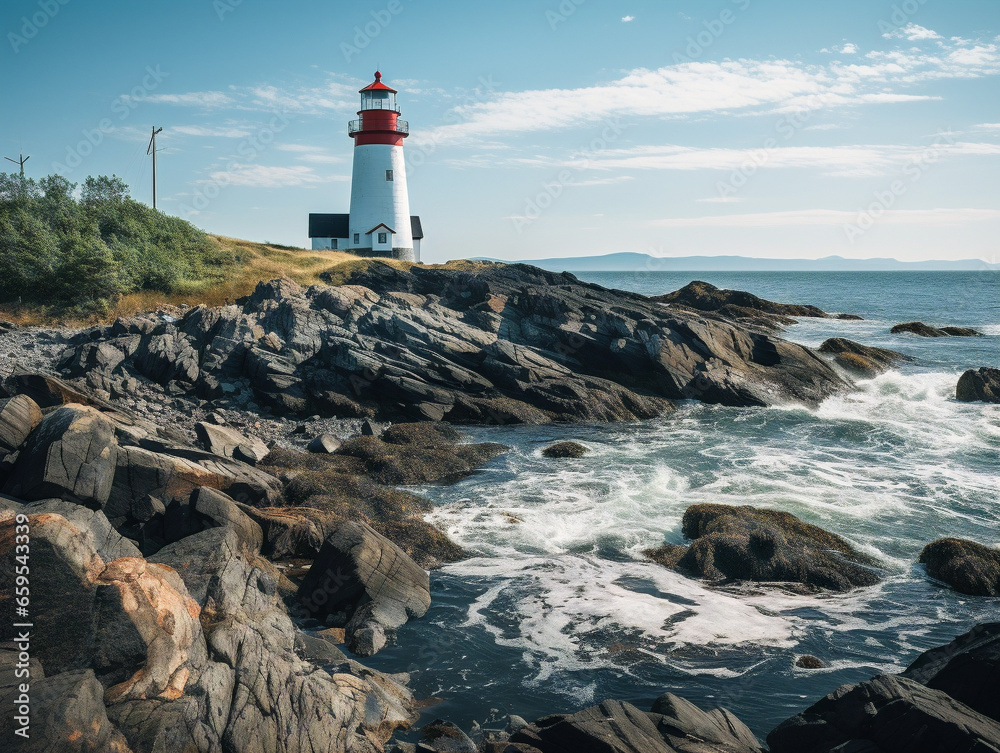 A vintage-style photo of a rocky coastline with a lighthouse standing tall against the waves.