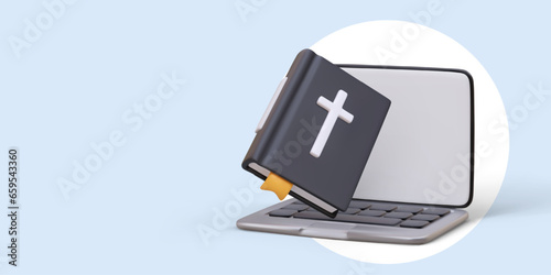 3D Bible, open laptop. EBook Religious teaching online. Distance learning in Christian school. Online service, stream from church. Questions and answers for believers