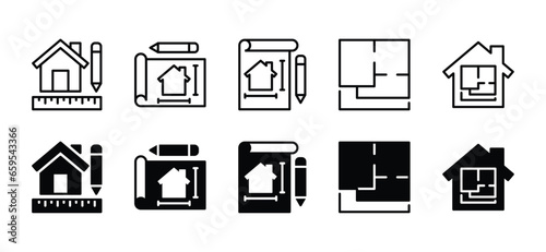 House plan line icon set. Home floor plan icon symbol. Blueprint for office, house, apartment, workspace, residence, real estate. Apps and websites. Vector illustration