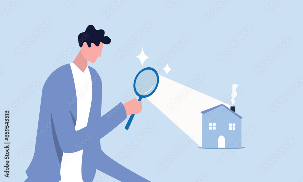 Searching for new house, look for real estate and accommodation valuation or new rent and mortgage concept, smart businessman using magnifying glass zooming to see house or residential details. - obrazy, fototapety, plakaty 