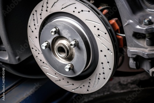 close-up of a cars front brake caliper and pad