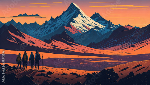 Epic Sunset Ascent Matterhorn Climbers in Modern Flat Design.
