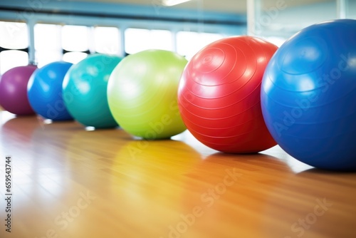a group of exercise balls in a gym