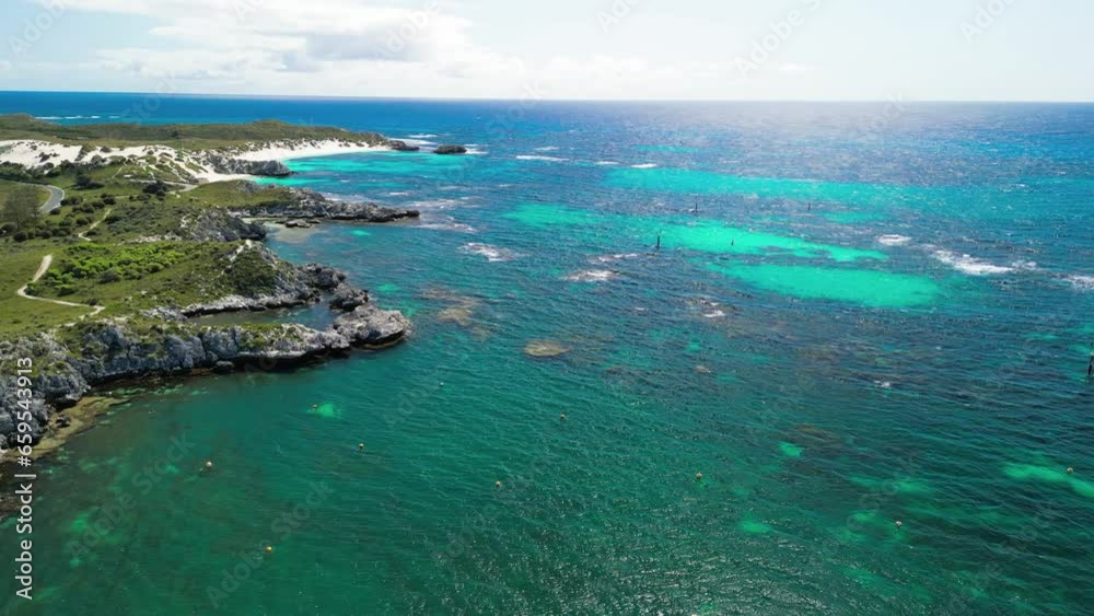 Geordie Bay Beach and Lakes in Rottnest Island, aerial view Geordie Bay Beach and Lakes in Rottnest Island, aerial view
