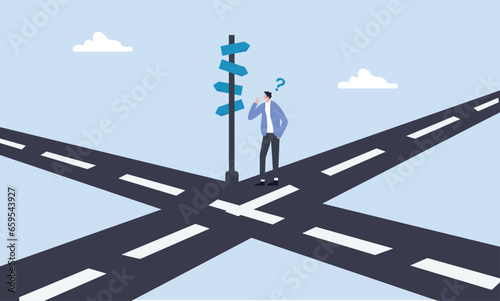 Print op canvas Business crossroads, finding solution or direction for success, confusion or what next challenge, opportunity choice or alternative concept, confused businessman at the crossroads thinking way to go