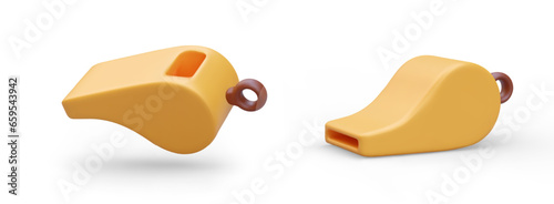 Vector 3D whistle, view from different sides. Isolated image on white background. Accessory for sound signal. Notification of start, end of action. Referee item