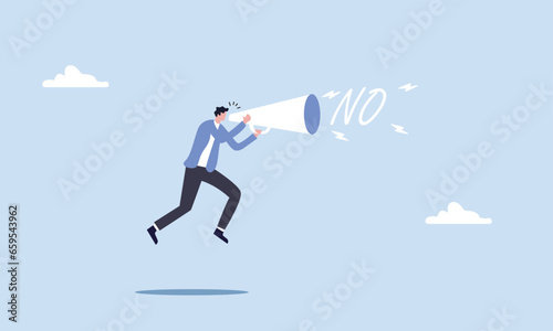 Learn to say no, leadership skill to manage workload, refuse to do wrong thing or time management concept, confidence businessman speak out loud on megaphone to his boss with the word No. photo