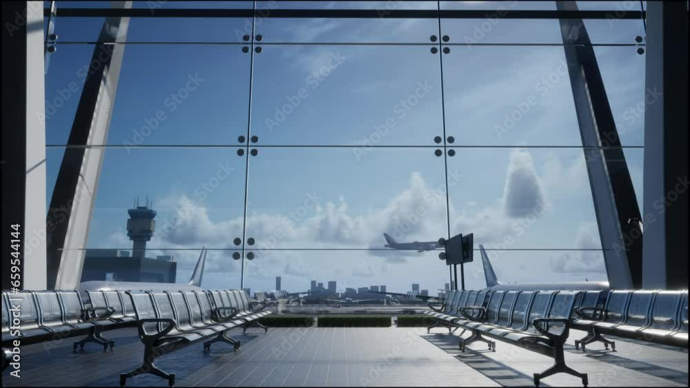 Empty Waiting Room In Airport Terminal. Airplane Takes Off Outside The Window, 3D Render
