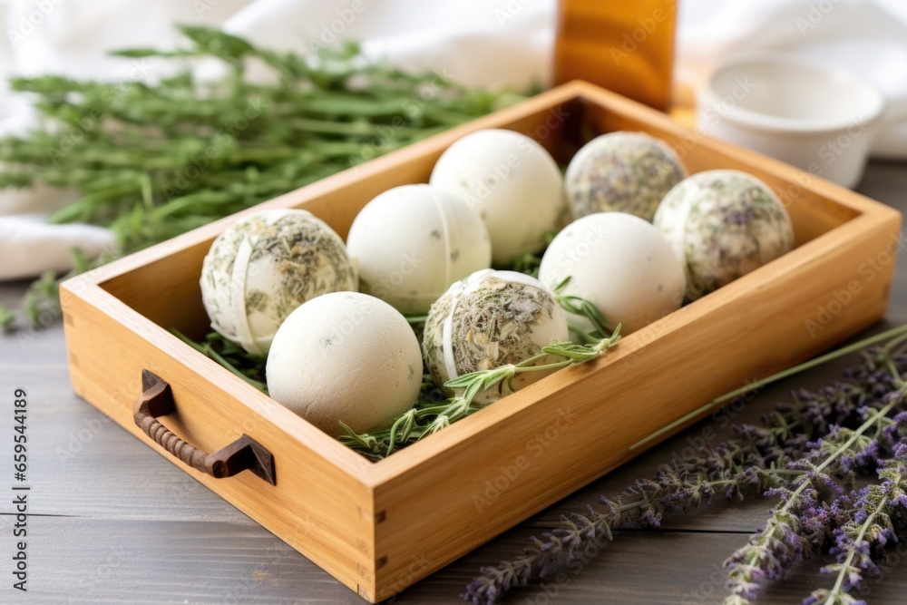 herbal compress balls in a wooden tray herbal compress balls in a wooden tray