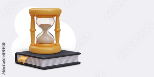 Realistic hourglass stands on book. Terms and deadlines of legislation. Hourly payment for services of lawyer. Color vector template, place for logo, text